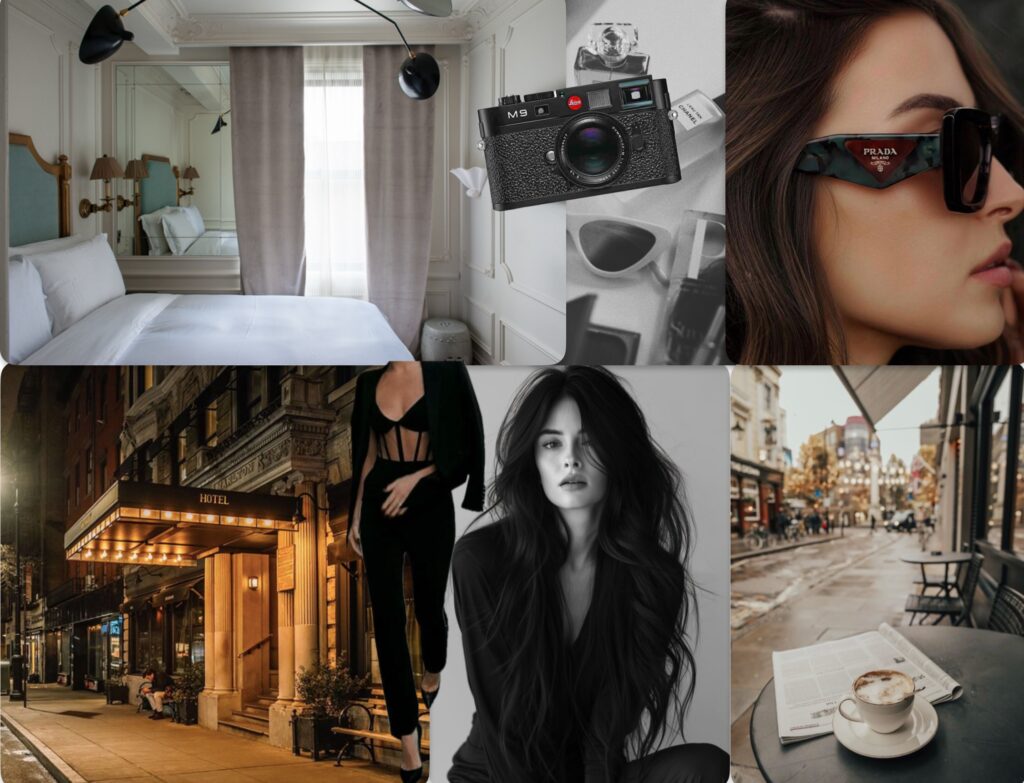 January 2025 vision board collage with luxury hotel room, vintage camera, high fashion, and café scenes