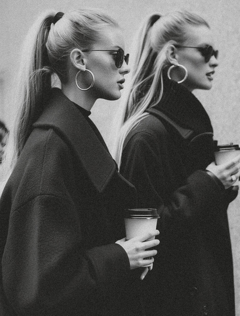 Black and white photo of stylish woman in black coat holding coffee cup, main character energy